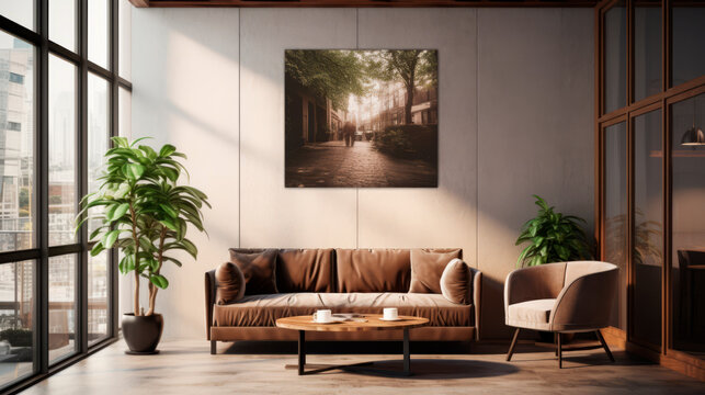 Fototapeta A tranquil café interior with a beige sofa against a wall featuring a large monochromatic photograph of a tree-lined street. The ambiance is enhanced by hanging