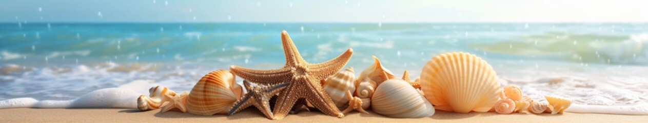 Fototapeta na wymiar Group of Seashells on Sandy Beach