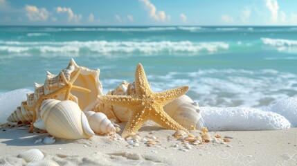 Fototapeta na wymiar Starfish and Seashells on Sandy Beach