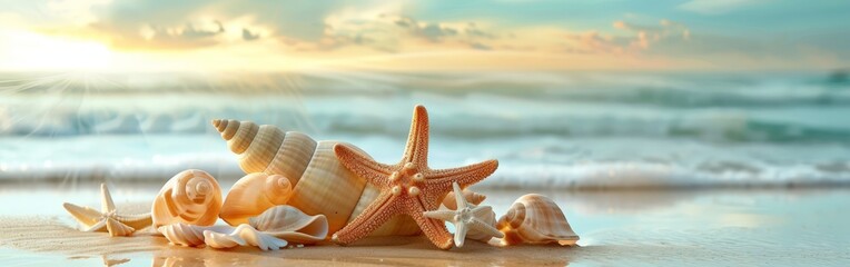 Seashells and Starfish on Sandy Beach