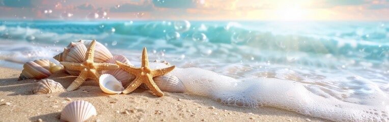 Fototapeta na wymiar Starfish and Shells on Sandy Beach