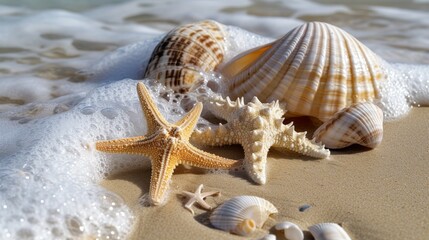 Fototapeta na wymiar Seashells and Starfish on Sandy Beach