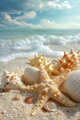Fototapeta na wymiar Starfish and Seashells on Sandy Beach