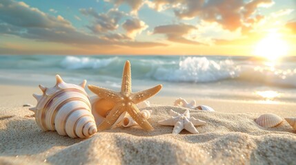 Fototapeta na wymiar Starfish and Seashells on Sandy Beach at Sunset
