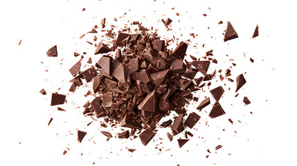 Pile chopped, milled chocolate isolated on white, - obrazy, fototapety, plakaty
