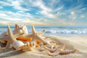 Starfish and Seashells on a Sandy Beach - obrazy, fototapety, plakaty
