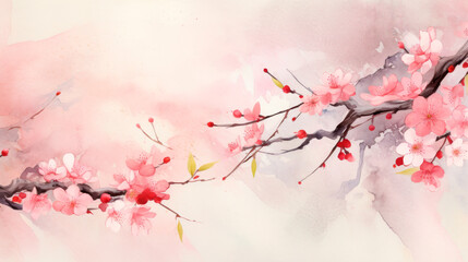 Watercolor painting of cherry blossoms in full bloom, a longer panoramic view that captures the fleeting beauty of spring and the serene elegance of these beloved flowers.