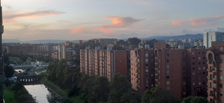 Aerial View of the Urban Landscape Ciudad Salitre Full of High Buildings Surrounded of Mountains in Bogota, Colombia