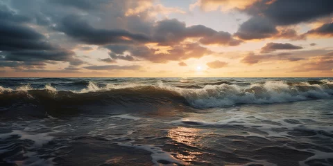  Baltic sea waves with foam crashing on the beach at sunset. Purple, orange, yellow and blue hues, sunrays, romantic evening, seascape landscape background wallpaper © Gajus