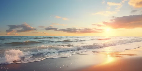 Keuken spatwand met foto Baltic sea waves with foam crashing on the beach at sunset. Purple, orange, yellow and blue hues, sunrays, romantic evening, seascape landscape background wallpaper © Gajus