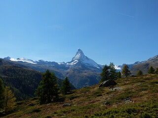 스위스 체르마트에서 하이킹 하며 찍은 마터호른 산의 경관사진입니다. 호수에 비친 산과 양떼와 함께 있는 눈덮인 만년설의 마터호른이 장관입니다. 