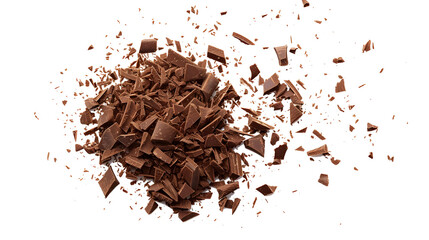 Pile scraped, milled dark chocolate shavings, 70 percent cocoa, isolated on white, top view