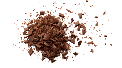 Pile scraped, milled dark chocolate shavings, 70 percent cocoa, isolated on white, top view