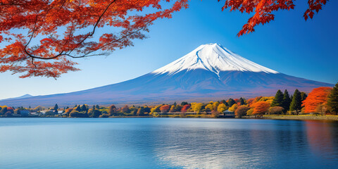 Mt. Fuji, mount Fuji-san tallest volcano mountain in Tokyo, Japan. Snow capped peak, conical sacred symbol, autumn fall, red trees, nature landscape backdrop background wallpaper, travel destination - obrazy, fototapety, plakaty