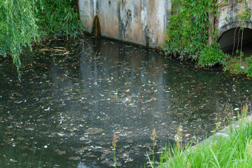 Dirty poisoned water in the river. Discharge of sewage into reservoirs. Environmental pollution....