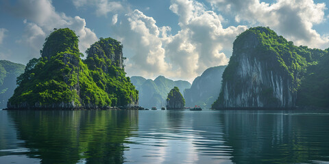 Ha Long Bay, Halong bay World Heritage Site, limestone islands, emerald waters with boats in Quảng Ninh province, Vietnam. Travel destination, natural wonder landscape background wallpaper