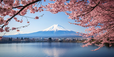 Mt. Fuji, mount Fuji-san tallest volcano mountain in Tokyo, Japan. Snow capped peak, conical sacred symbol, spring season, sakura pink trees, nature landscape backdrop background wallpaper, travel
