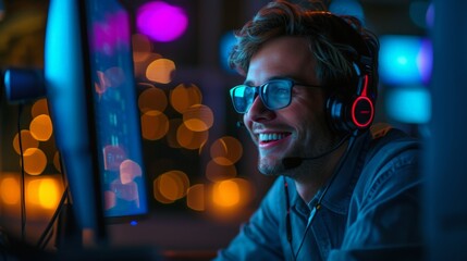 Man Wearing Headphones at Computer