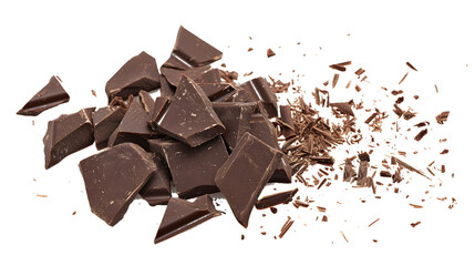Pile scraped, milled dark chocolate shavings, 70 percent cocoa, isolated on white,