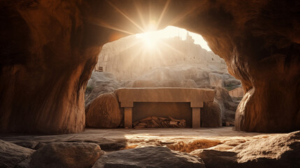 Empty tomb of Jesus in sun rays. Christian, catholic easter. Concept of  Jesus resurrection day, Gods blessing concept - obrazy, fototapety, plakaty