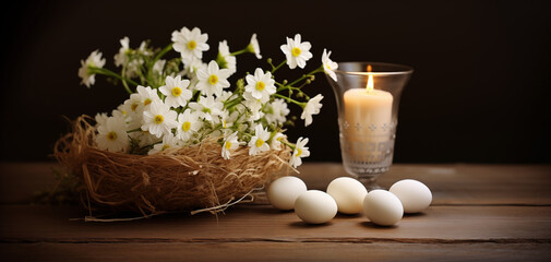 Obraz na płótnie Canvas Christian, catholic easter. Original color eggs , flowers in basket and burning candle on wooden rustic table for your decoration in holiday. Easter greeting card