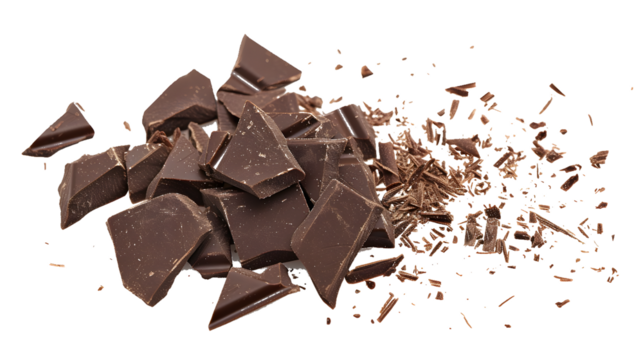 Pile scraped, milled dark chocolate shavings, 70 percent cocoa, isolated on white,