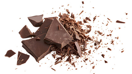 Pile scraped, milled dark chocolate shavings, 70 percent cocoa, isolated on white, top view