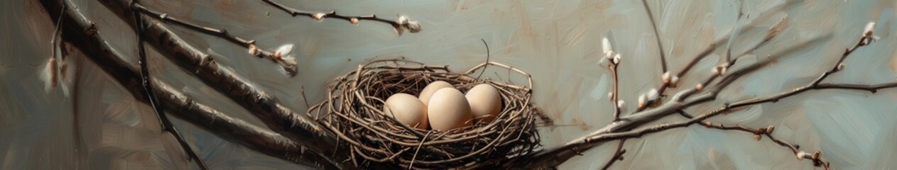 Painting of Bird Nest With Eggs