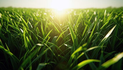 A lush green field with tall grass. Sunlight through the leaves with a blurred effect on the blades of grass
