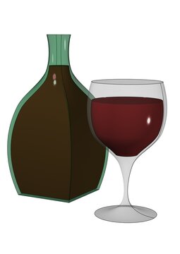 Bottiglia di vino rosso affiancata a calice di vino in illustrazione