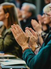 Close-up of people applauding at a business conference with a blurred background