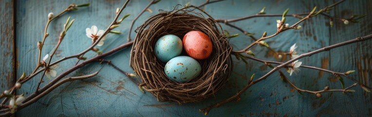 Three Eggs in Nest on Blue Door