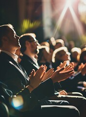 Close-up of people applauding at a business conference with a blurred background - obrazy, fototapety, plakaty
