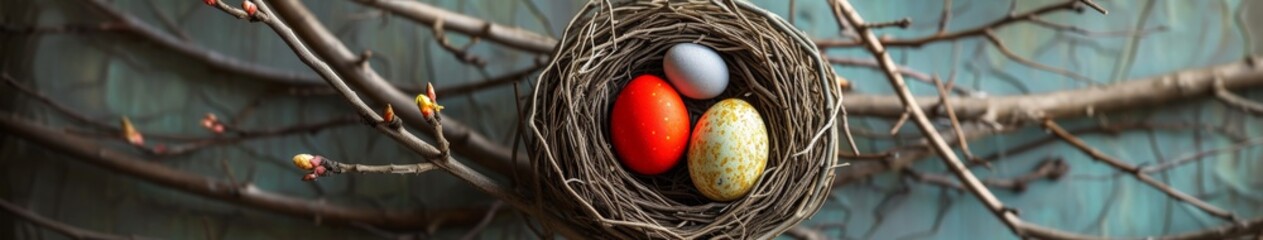 Naklejka na ściany i meble Birds Nest With Three Colorful Eggs