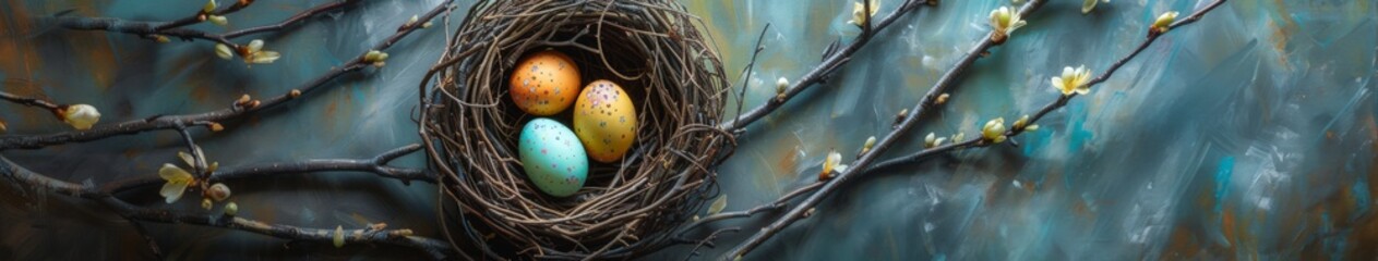 Naklejka na ściany i meble Birds Nest Painting With Eggs in It