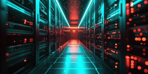 Interior is filled with rows of server racks with lights that glow in different colors, indicating the active state of the equipment - obrazy, fototapety, plakaty