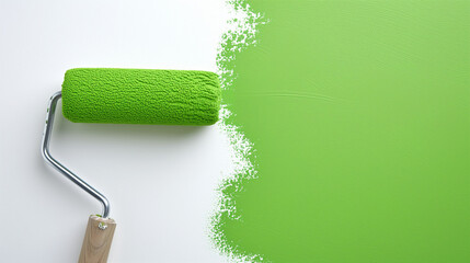 Obraz premium Image of a paint roller painting a white wall with green paint.