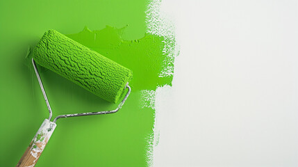 Image of a paint roller painting a white wall with green paint.