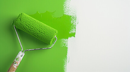 Obraz premium Image of a paint roller painting a white wall with green paint.