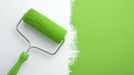 Obraz premium Image of a paint roller painting a white wall with green paint.