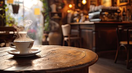 gorgeous solid wood coffee table as the focal point, adorned with a steaming cup of black coffee, against the backdrop of a beautifully decorated cafe.