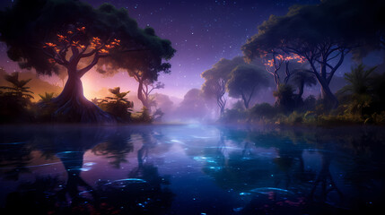 Lush green forest, vibrant green plants in the forest