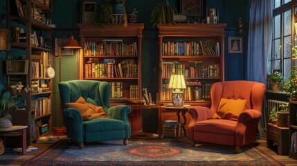 A cozy vintage-themed living room featuring plush armchairs and a classic television set, staged...