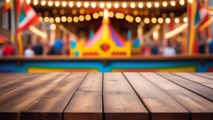 Empty wooden table top with blur background of festive fair carnival. Generated with AI - obrazy, fototapety, plakaty