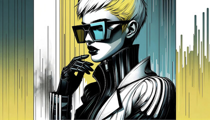 Fashion girl in sunglasses n sketch-style, monochrome with yellow accent color . Flat illustration for your design