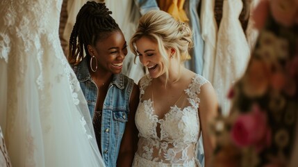 Two friends share a moment of joy and excitement while selecting a wedding gown in a sunlit bridal shop..