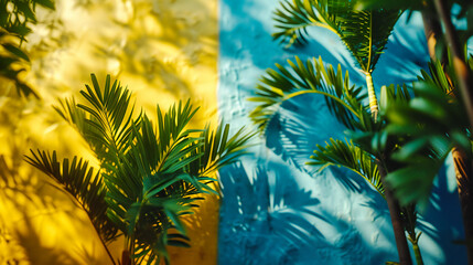Summery tropical backdrop with palm leaves casting shadows, embodying the essence of vacation and exotic landscapes