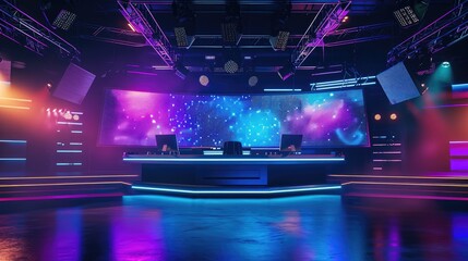 A modern tv hosting or game show studio set glowing with neon lights and futuristic design, ready for the next live broadcast.. - obrazy, fototapety, plakaty