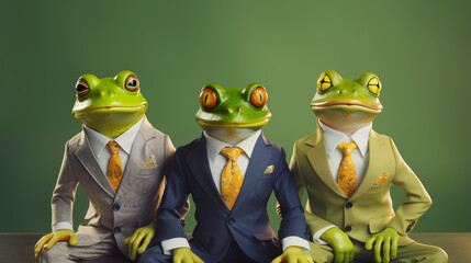 cute funny frogs as business team dressed green background