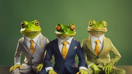 Fotobehang cute funny frogs as business team dressed green background © emotionpicture